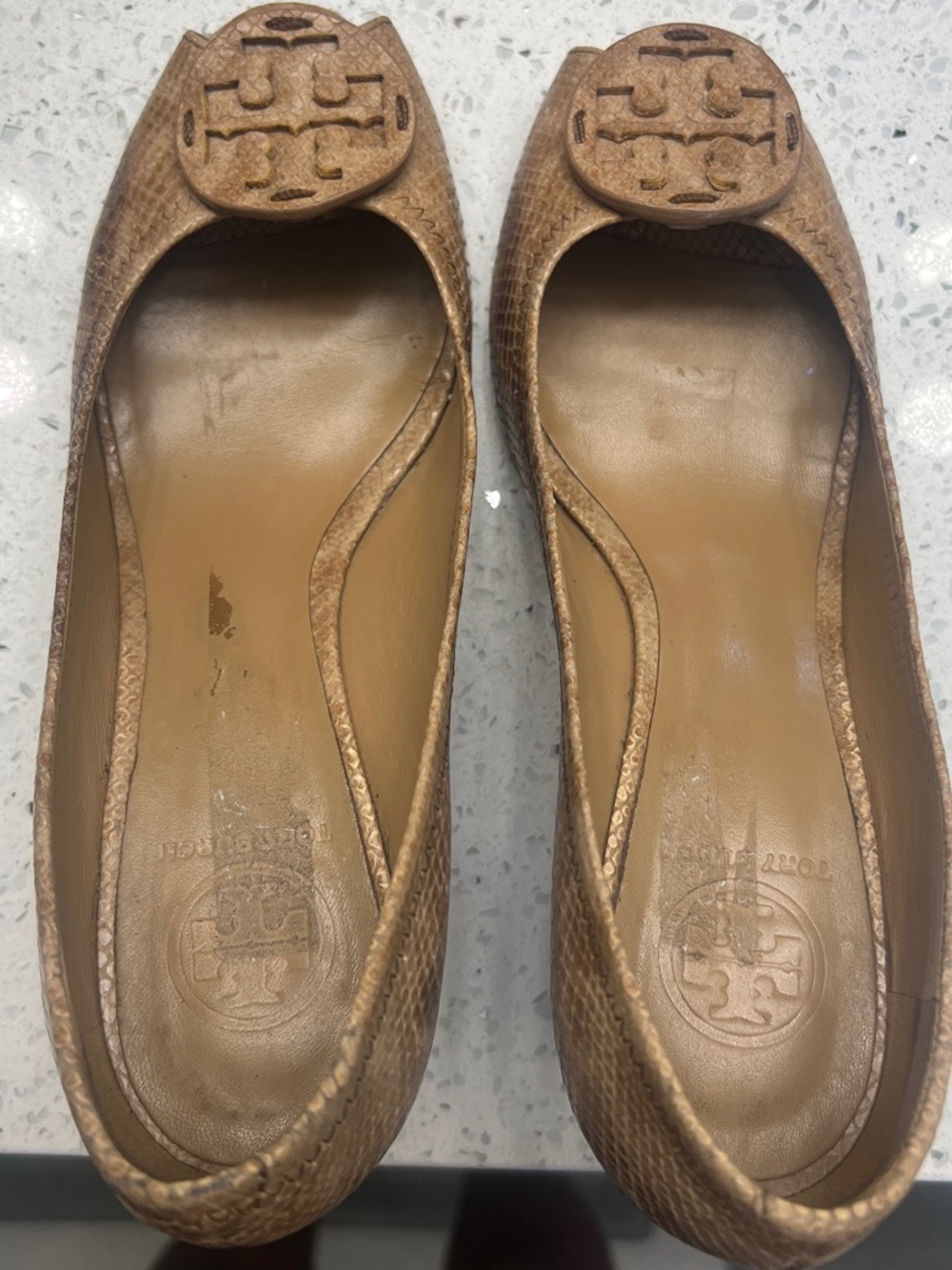 Tory Burch Metallic Bronze Peep-Toe Logo Heels - Picture 5 of 5